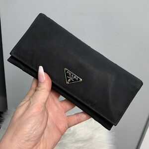 Authentic Prada black nylon long double snap lightweight wallet